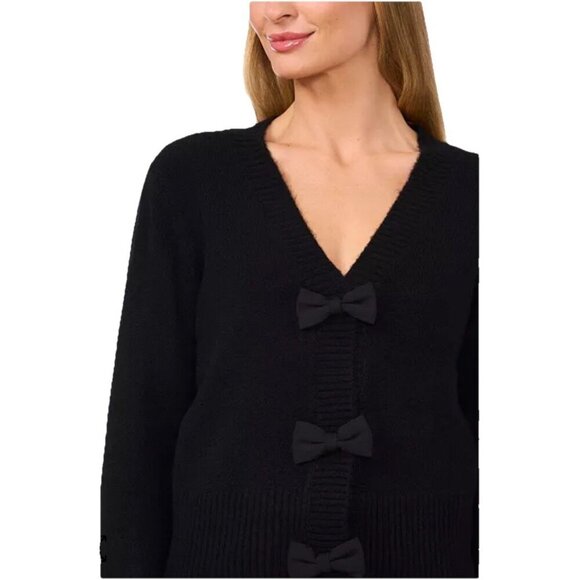 CeCe Bow Button V Neck Cardigan Black Women Medium - Picture 1 of 14